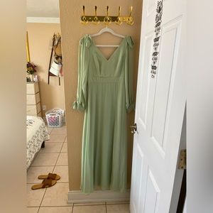 Bridesmaid Dress formal & elegant. Open sleeves and v-shaped. Color Sage Green